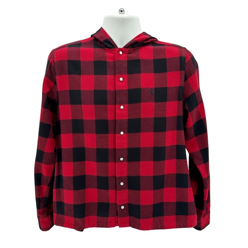 Polo Ralph Lauren Boys XL Shirt Hoodie Flannel Snap Button Checker Red Black